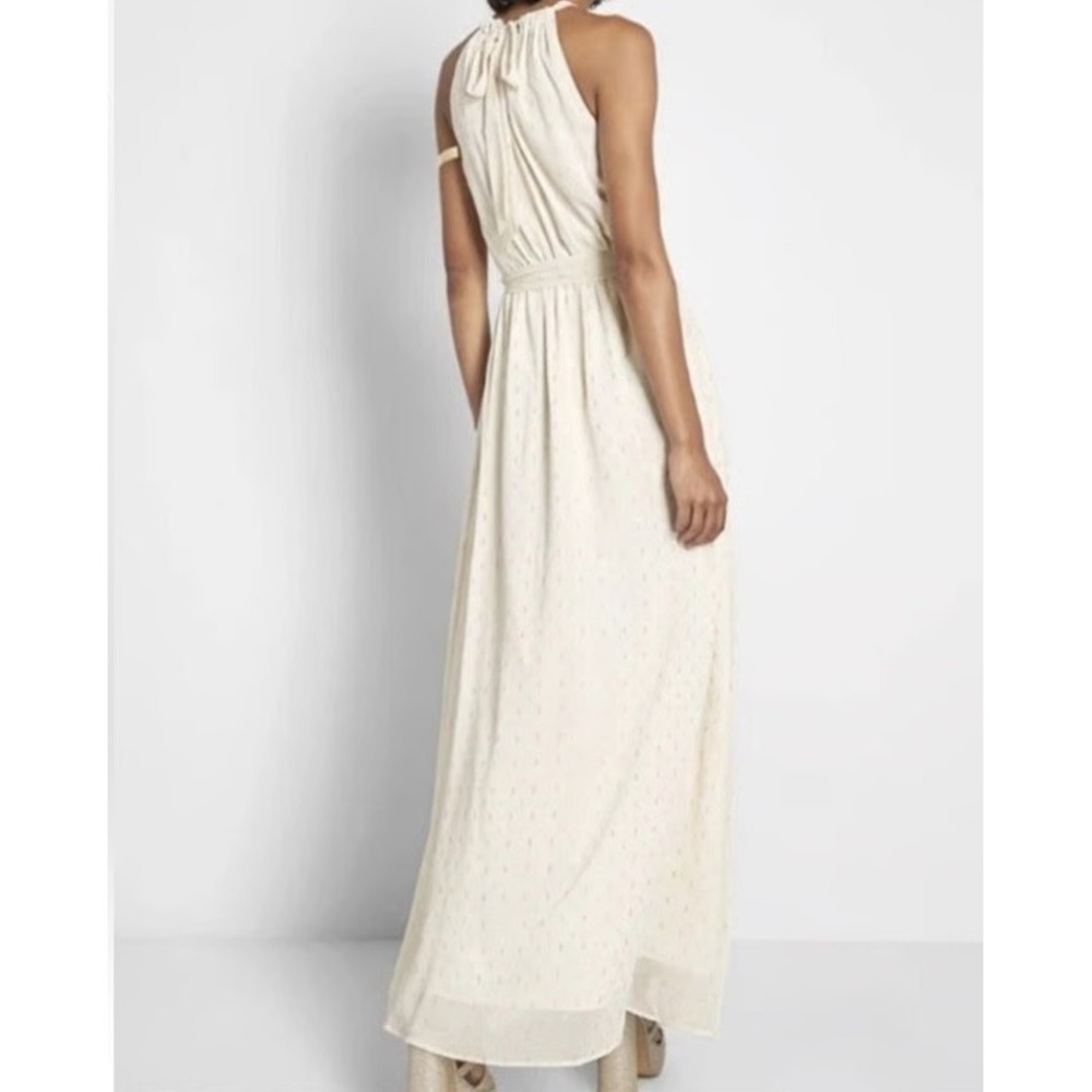 ModCloth Womens XXS Halter Dress Maxi Metallic‎ Thread Tie Back Ivory/Cream